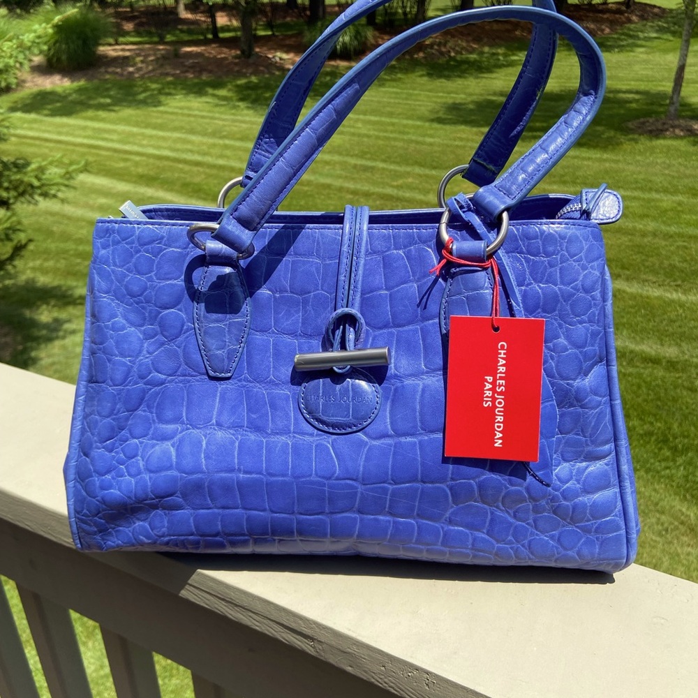 New with tags, Charles Jordan Paris, blue leather embossed bag